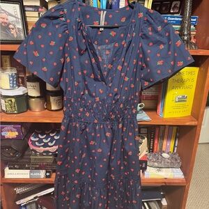 Anthropologie Navy Midi Dress with Red Cherry Motif